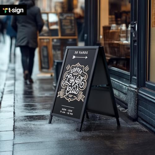 T-SIGN Outdoor A-Frame Sidewalk Sign 22x28 Inch Sandwich Board, Black Coated Steel Metal Double-Sided, Heavy Duty Slide-in Folding Frame Sign Holder, 2 Corrugated Plastic Poster Boards, Display Stand