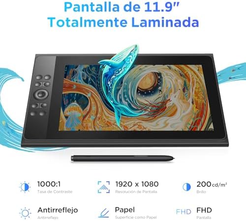 Graphics Tablet with Screen UGEE UE12 Plus 11.9 Inch, Pen Display with Full-Laminated Screen 147% RGB Colour Gamut, Drawing Monitor with Scroll Wheel and 8 Shortcut Keys for Windows/Mac/Android