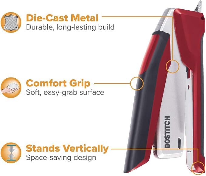 Bostitch Office InPower Spring-Powered Premium Desktop Stapler - One Finger, No Effort, Red/Silver (1117)