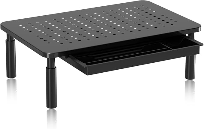 suptek Computer Monitor Stand Riser with Drawer,Monitor Riser for Laptop, Printer, Notebook and All Flat Screen TV Display with Vented Platform,3 Height Adjustable Laptop Riser,1 Pack,Black