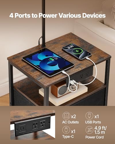 VEVOR Floor Lamp with Table & Charging Station, End Table with Lamp, 2 Drawers, USB, Type-C & AC Outlets, 3 Color Temperatures, Bedside Nightstand for Small Bedroom, Living Room, Dorm