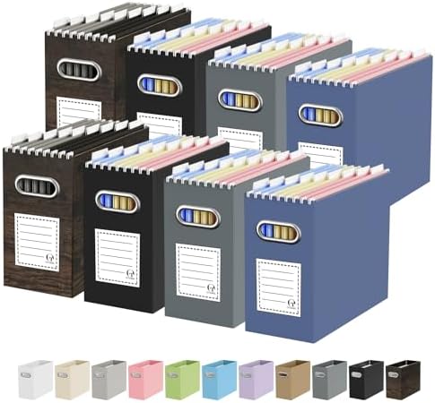 Oterri Portable Collapsible Cardboard File Box with Handle for Letter-Size | 8-Pack. Stainless Steel Handle. Label Stickers Included. Fits Letter Folders (Not Included). Home, Office, School, Dorm, Tax.