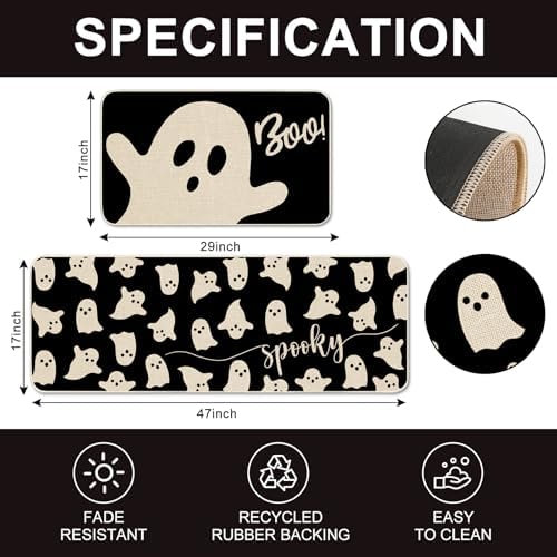 JarThenaAMCS Halloween Ghost Kitchen Mat Set of 2 Black Spooky Ghost Boo Kitchen Floor Mats Cute Non-Slip Door Rugs for Halloween Party Home Bathroom Entrance