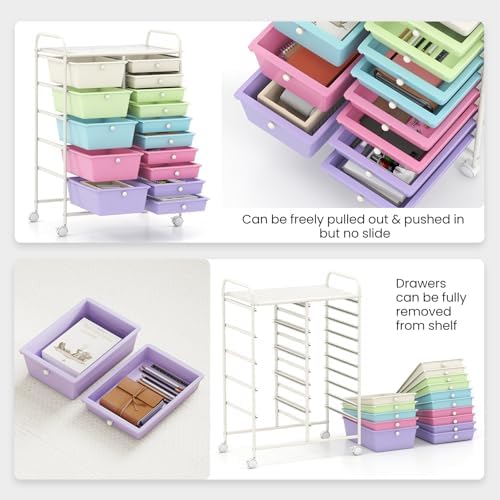 COSTWAY 15 Drawer Rolling Storage Cart, Mobile Utility Cart with Lockable Wheels, Drawers, Multipurpose Organizer Cart for Home, Office, School, Ice Cream Multicolor