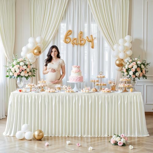 Wish Care 14ft Ivory Satin Table Skirt for Rectangle Tables Wrinkle Free Teacher Desk Skirt Glitter Ruffle Table Skirting Cloth for Back to School Classroom Office Dorm Birthday Party Table Decor
