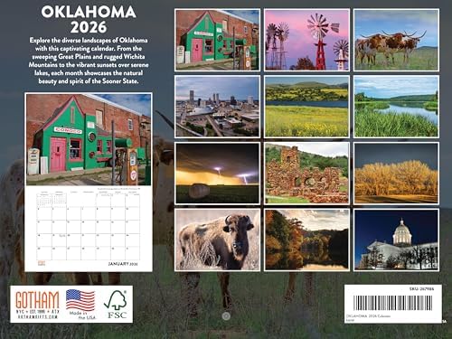 Oklahoma Calendar 2026 Wall 12 Month Monthly OK Scenic Souvenirs Themed Gifts | American Made In The USA