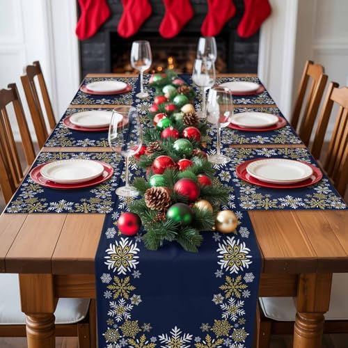 Gold White Snowflakes Christmas Placemat 1PC, Winter Xmas Holiday Heat Resistant Washable Table Place Mats Navy Blue Cotton Table Linens Party Holiday Decor for Kitchen Dining Outdoor Indoor