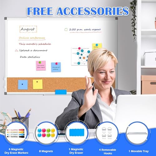 Whiteboard Cork Board Combo for Wall, 36" x 24" Dry Erase Whiteboard