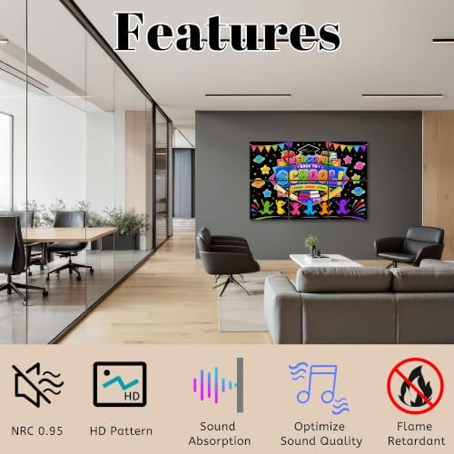 6 Pack Art Acoustic Panels Sound Absorbing Colorful Back to School Kids Books Graduation Decorative Soundproof Wall Panels Self Adhesive for Home Recording Studios 72"x48"