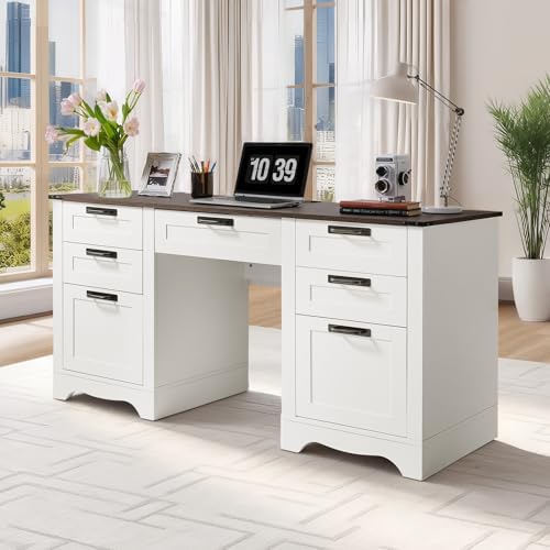 VEVOR 60" Executive Desk with Drawers, Farmhouse Home Office Desk with Charge Station, Keyboard Tray, File Storage Cabinet, 200 LBS Load Capacity Wood Table, Easy Assembly, for Work Study, Walnut