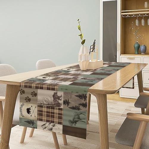 Rustic Moose Deer Bear Table Runner, Retro Vintage Bear Cottage Country Style Cabin Farmhouse Dinner Runner for Home Kitchen Dining Table Decoration 13"x108"