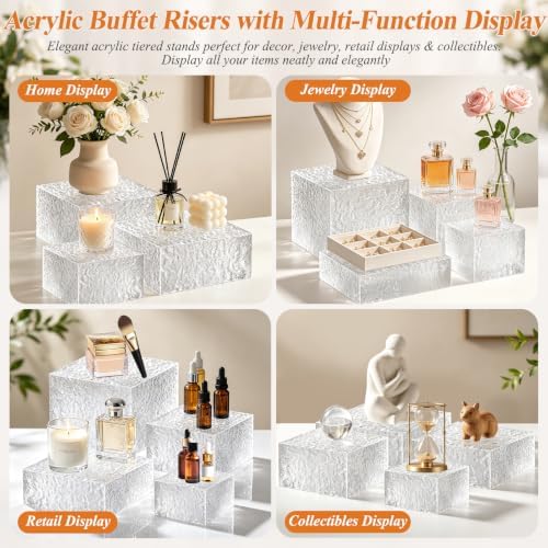 Acrylic Buffet Risers with Mini Sign and Maker, Clear Hammered Water Ripple Dessert Display Stands for Catering Cakes Cupcakes Desserts Drinks Décor Acrylic Display Risers Stackable Nesting Storage