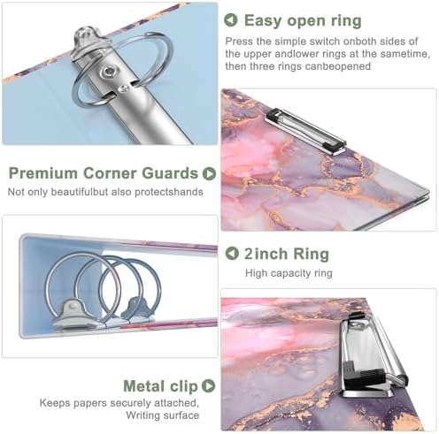 Rouidr 3 Ring Binder, 2 Inch Round Ring Binder Organizer with Clipboard, 5 Dividers Tabs, A4 8.5 x 11 Inch Paper & Clear Sleeves for School, Office Supplies, Red Marble