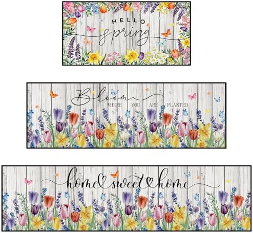 Hello Spring Kitchen Rugs, Tulip Lavender Floral Kitchen Mats