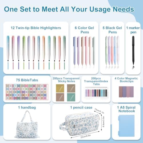 BtyHomShelf Bible Study Supplies, 50 Pack Bible Journaling Kit for Women with Tabs, Highlighter Set,Notebook, Pen Case and Storage Bag,No Bleed Annotation Kit for Christian Gifts (50PCS,Blue Floral)