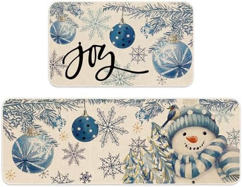 JarThenaAMCS Winter Christmas Kitchen Mats Blue Snowman Xmas Ball Snowflake Welcome Floor Mat Non-Slip Door Rugs for Indoor Outdoor Bathroom, 17 x 29 Inch & 17 x 47 Inch