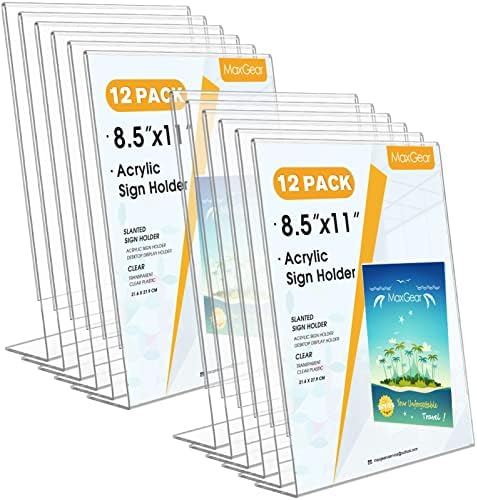 MaxGear Acrylic Sign Holder, 8.5 x 11 Slant Back Display Stand, 12 Pack