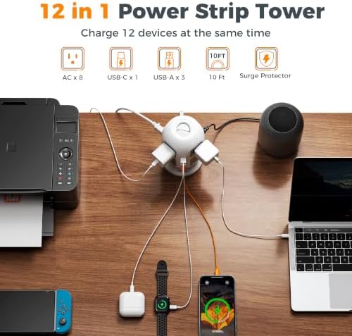 TESSAN Tower Surge Protector Power Strip, 10 ft Long Flat Extension Cord