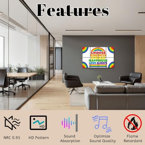 8 Pack Art Acoustic Panels Sound Absorbing Rainbow Motivational Poster Choose Kindness Spread Happiness Love Decorative Soundproof Wall Panels Self Adhesive for Home Recording Studios 48"x32"