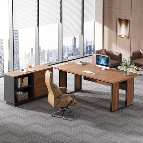 Tribesigns 63‘’ L-Shaped Executive Desk, Office Table with 47-Inch Drawers Cabinet, Large Computer Desk with Storage Shelves, Business Furniture Set for Home Office, Brown
