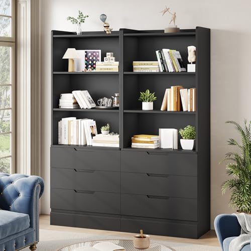 DICTAC Bookcase Set of 2 with 3 Drawers 73.23'' Bookshelf Storage Cabinets with Shelves and Drawers Kitchen Pantry with Microwave Stand,Storage Organizer for Living Room,Office,Study,Bathroom