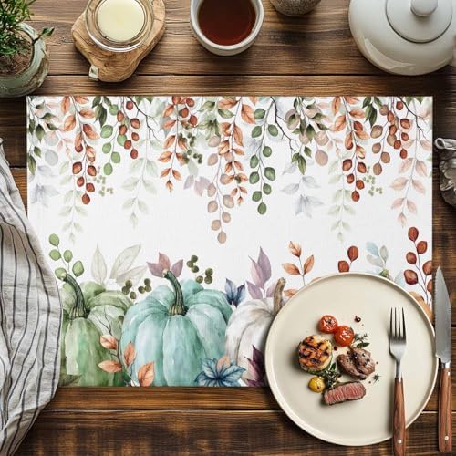 Fall Thanksgiving Placemats Set of 6, Autumn Pumpkins Eucalyptus Leaves Heat Resistant Washable Dining Table Mats Fall Holiday Farmhouse Decor for Kitchen&Linens Outdoor Indoor, Blue Sage Green Orange