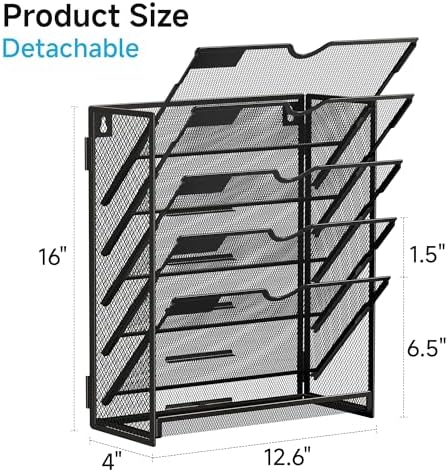 Lavatino 6-Tier Hanging File Organizer, Wall Mount File Holder for Mails Folders Papers Magazine Organization, Vertical Document Organizer for Office Home - Black