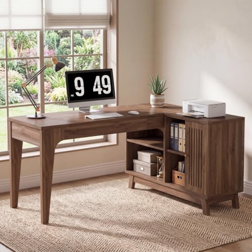 Tribesigns 57-Inch L-Shaped Desk, Office Computer Desk with Storage, Wooden Corner Workstation, Study Writing Table for Home Office (Walnut)