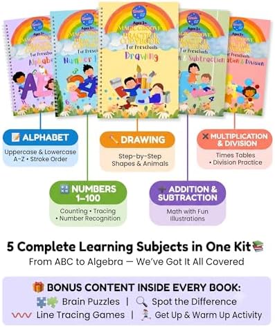 Large Magic Handwriting Practice Workbooks, Reusable Grooved Handwriting Practice for Kids 3-8, Toddler Writing Practice, Math Calligraphy, Letter Tracing, for Kindergarten Preschool, The Fun Kit