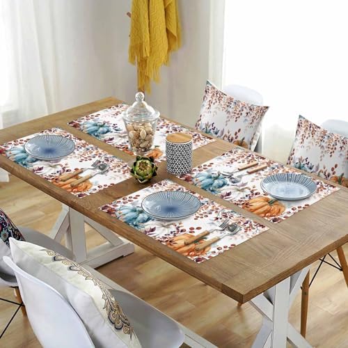 Fall Thanksgiving Placemat, Watercolor Pumpkins Eucalyptus Leaves Heat Resistant Washable Linen Table Place Mats Party Holiday Decor for Home Kitchen Dining Outdoor Indoor, Blue Orange