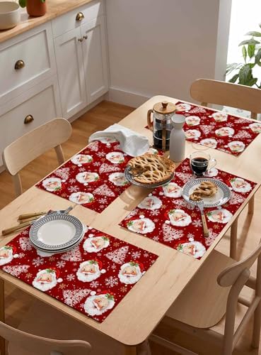 Red Christmas Placemats Set of 4, Santa Claus Merry Christmas Tree Heat Resistant Washable Table Place Mats Winter Snowflake Cotton Table Linens Party Holiday Decor for Kitchen Dining Outdoor Indoor