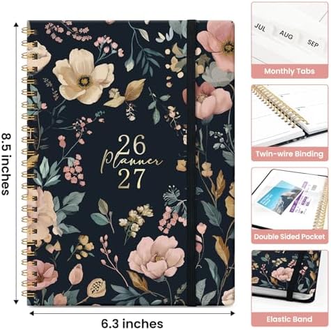 Planner 2026-2027, Jul 2026-Jun 2027 Academic Monthly & Weekly Planner | 6.3" x 8.5" Hardcover Pretty Calendar Planner for Women, Spiral Organizer for School Office Home Supplies, Evening Petals