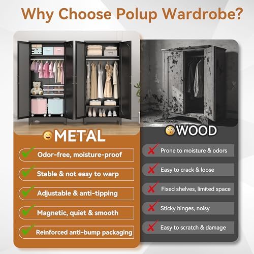 Polup Metal Armoire Wardrobe Closet with Mirror, Clothing Storage Cabinet