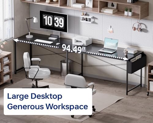 Pamray 64.5 Inch Reversible L Shaped Gaming Desk Large Corner Computer Desk with Storage Bag Home Office Table for Writing Study Grey