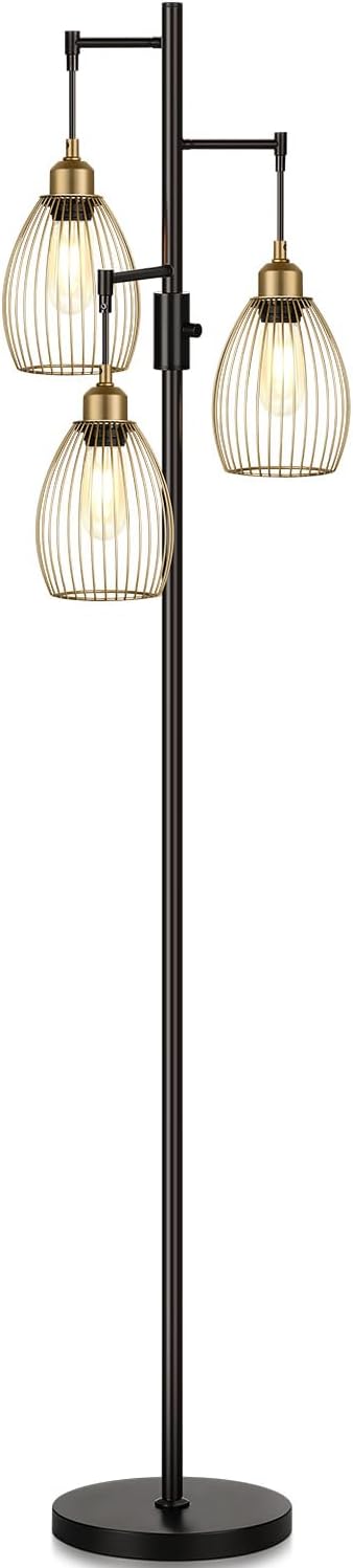 Dimmable Floor Lamp, Industrial Floor Lamps for Living Room, Gold and Black Tree Lamp Standing Lamp Tall Lamps with 3 Elegant Teardrop Cage Head & 800 Lumens LED Bulbs for Living room Bedroom Office