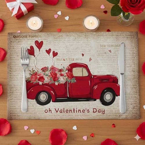 Valentines Day Placemats Set of 6, Red Truckload of Love Rustic Farmhouse Cotton Line Fabric Heat Resistant Table Mats Non-Slip Washable Mats Decoration for Home Kitchen Dining Wedding Holiday Party
