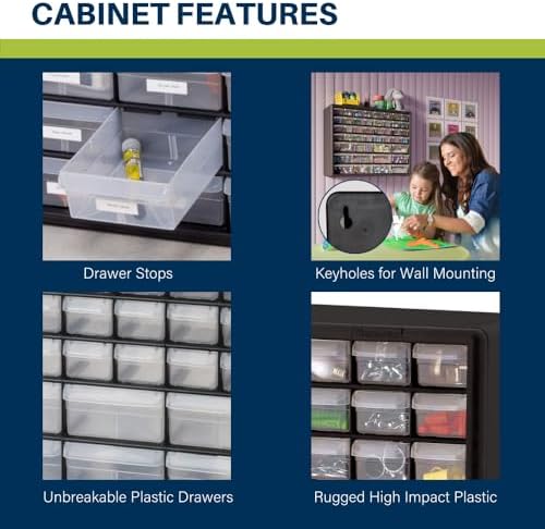 Akro-Mils 44-Drawer Plastic Drawer Storage Cabinet for Garage Organization, Bead Organizer, Building Bricks Storage, Teacher Toolbox, Makeup Organizer, 20" W x 6" D x 16" H, 10144 Black (Pack of 2)