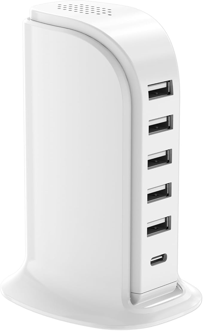 Charging Station for Multiple Devices Upoy, Multi USB Tower Hub with 5 USB+1 Type C Ports, USB C Charger Block Fast Charging for Apple/Samsung/Android Gadgets, Cute Home Office Desk Accessories