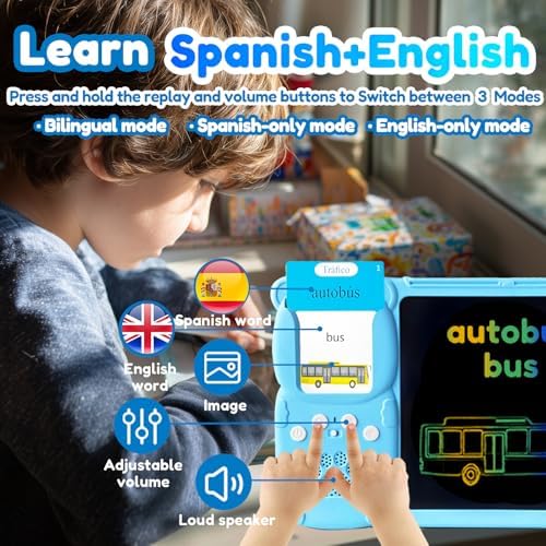 Writing Tablet with Bilingual Flash Cards for Kids, Spanish Blue