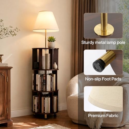 Tribesigns Floor Lamp with 3-Tier Open Bookshelf, 62.2" Tall Standing Lamp with Wood Storage Shelf, Dark Brown Floor Lamp with Linen Shade & Foot Switch for Living Room, Bedroom, Home Office