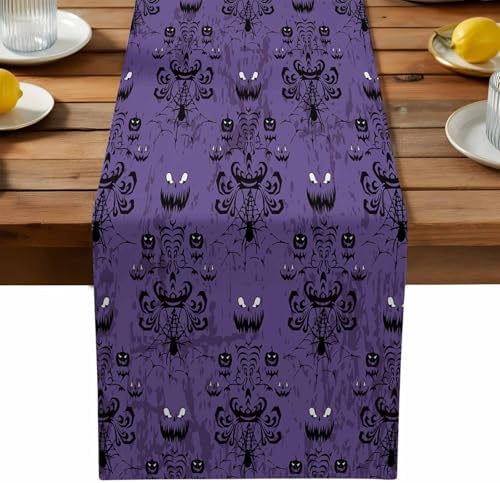 Halloween Haunted Table Runner Dresser Scarf 13 x 108 Inch Purple Black Ghost House Mansion Table Runners Non-Slip Heat Resistant Kitchen Dining Table Decor for Halloween Holidays Indoor Outdoor