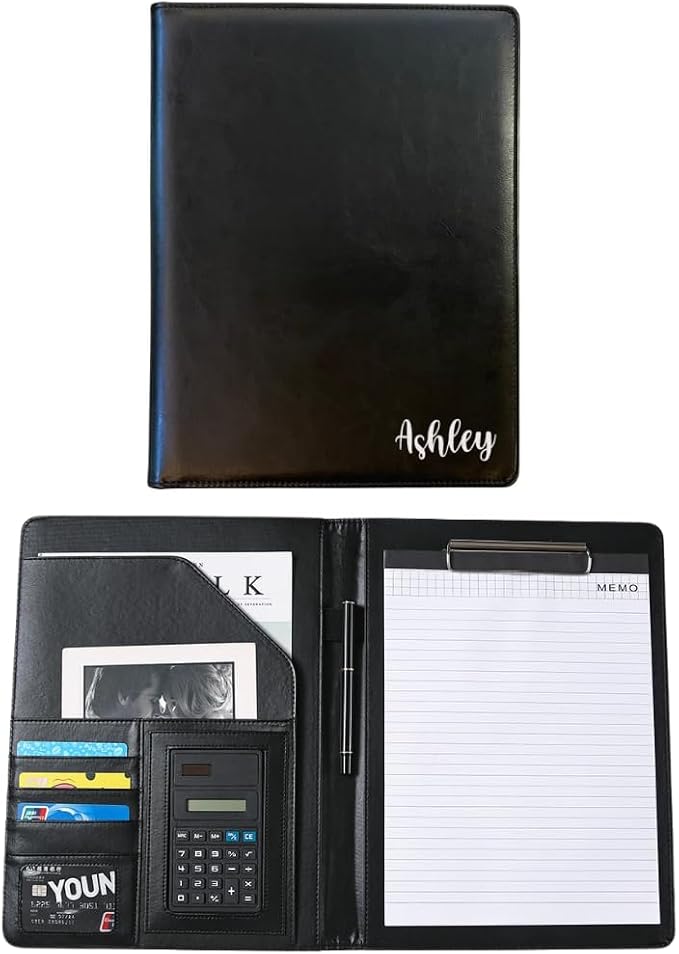 Leather Portfolio Binder for Business use, Document Organizer with Smart Storage, Calculator, Writing pad, – padfolio All in one, Professional Binder Portfolio for Women and Men with Name