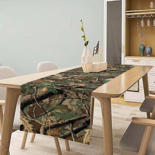 Forest Camouflage Table Runner, Camo Conifer Oak Branches Leaves Military Mossy Lodge Country Camp Cabin Theme Dinner Table Runner for Home Kitchen Dining Table Decoration 13"x60"