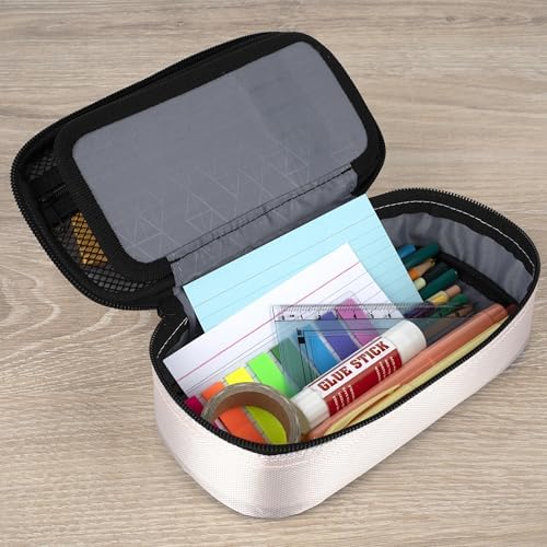Five Star Pencil Pouch Zipper High-Capacity Storage Organizer Case for Office Supplies Earbuds Chargers Cables Makeup, Tan/Blue (500212A)