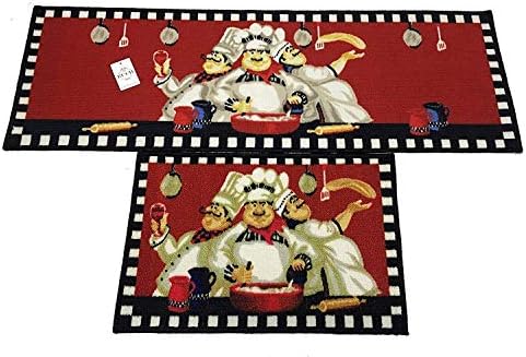 Non-Slip Rubber Backing Carpet Kitchen Mat Doormat Runner Bathroom Rug 2 Piece Sets,15"x47"+15"x23" (Three Chef)