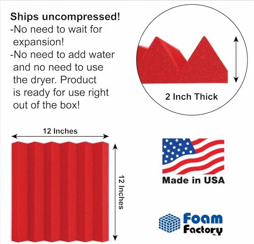 Foam Factory Inc 24 Pack Color Acoustic Foam Panel Studio Soundproofing Wedge Wall Tiles 12” X 12” X 2” (Red)