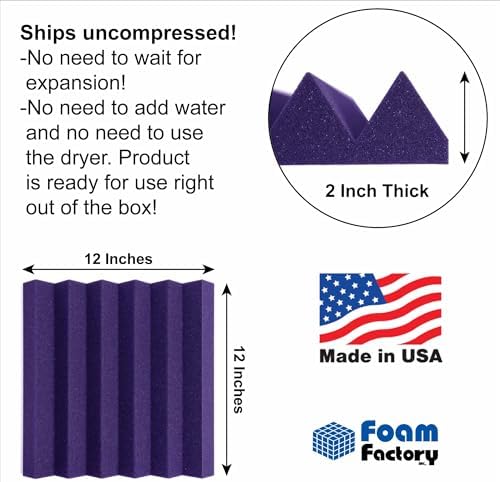 Foam Factory Inc 24 Pack Color Acoustic Foam Panel Studio Soundproofing Wedge Wall Tiles 12” X 12” X 2” (Purple)