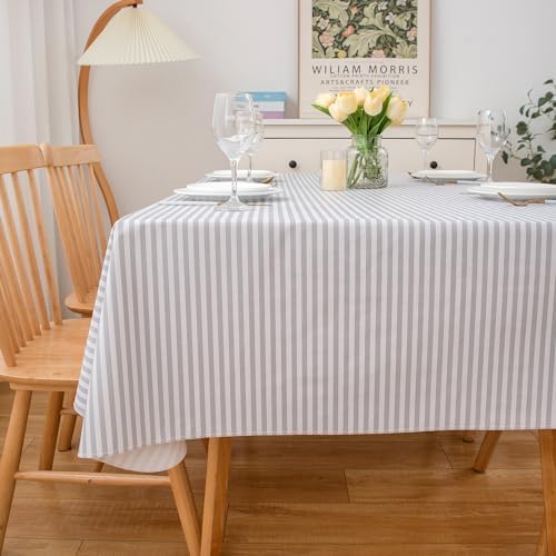 LIBERECOO Vinyl Tablecloth with Flannel Backing,Gery Stripe 60 x 84 Inch Rectangluar Tablecloths Stain-Resistant Waterproof Plastic Table Cover for Indoor/Outdoor