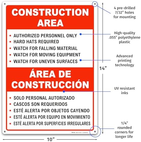 BRIMAR Bilingual Construction Area Rules Safety Sign, Red, 10 X 14 in