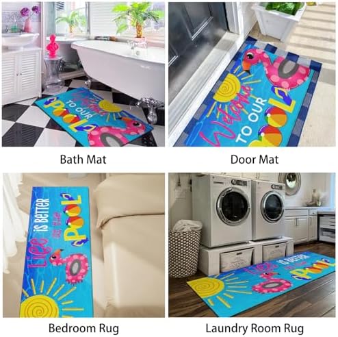 Summer Kitchen Rugs and Mats Set of 2,Welcome to Our Pool Flamingo Farmhouse Summer Non Slip Washable Floor Sink Mats Decorations for Home Kitchen 18"x48"+18"x30"